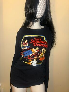 Spencer's Black Long Sleeve Tee with Retro 'Let's Summon Demons' Graphic